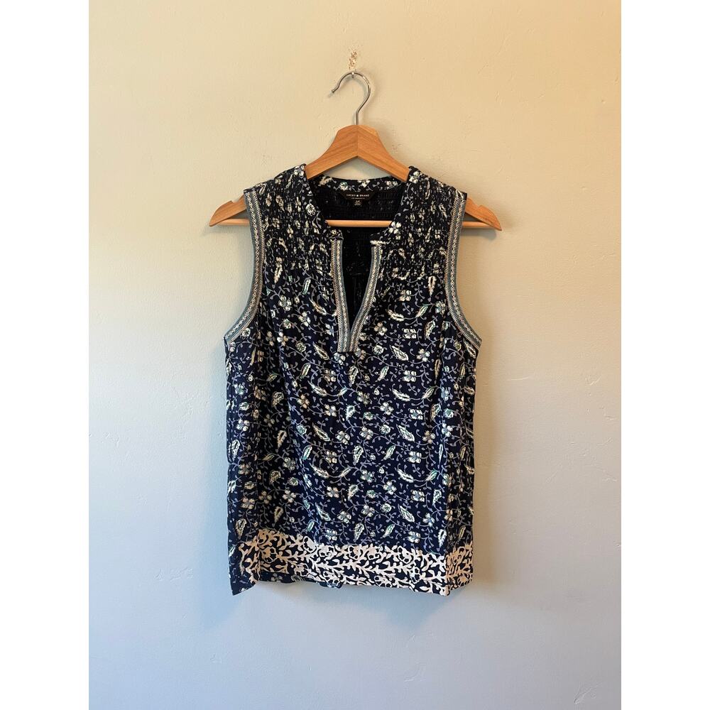 Lucky Brand Navy White and Teal Floral Accent Tank